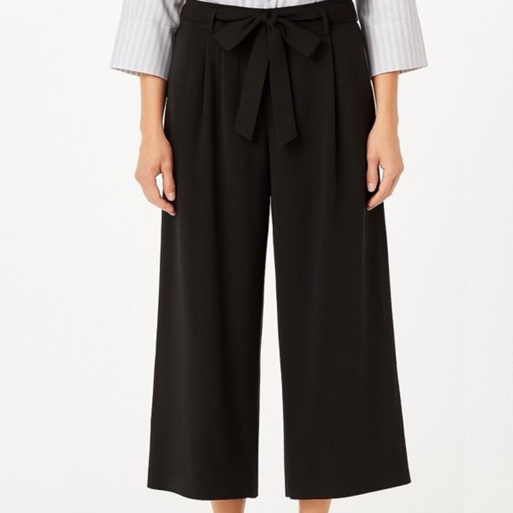 BCBG Tie Waist Wide Leg Pull On Black Cropped Pants Culottes Size Large Hi Rise